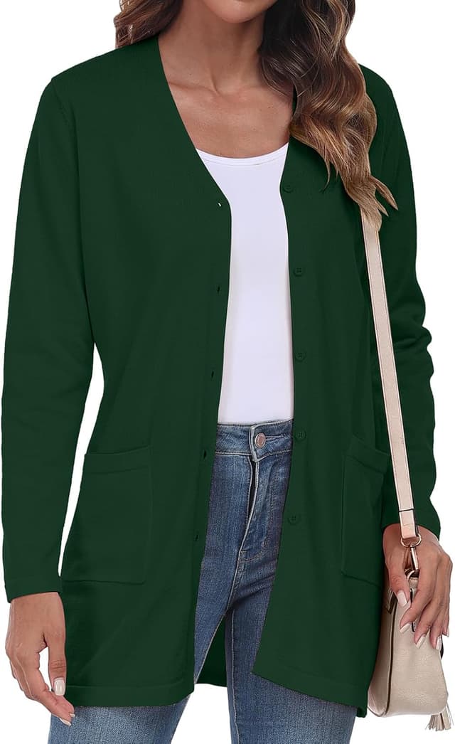 Detalle de YUNDAI women’s open-front lightweight knitted long cardigan with pockets