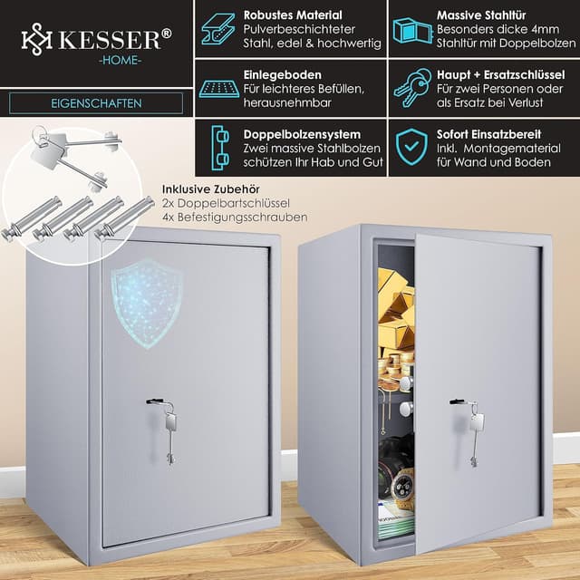 Detalle 2 de KESSER® Tresor Möbeltresor mit Doppelbartschloss – Boden- und Wandsafe 50×35×31 cm, inkl. 2 Schlüssel