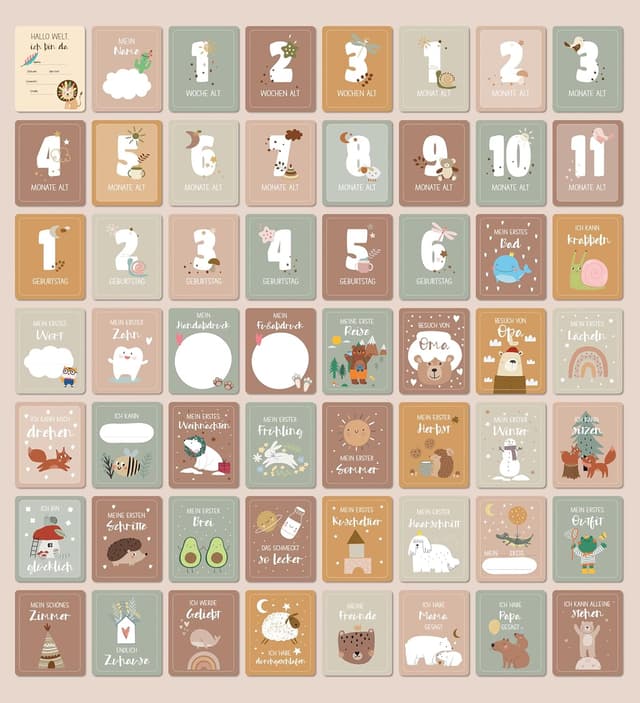 Detalle de BIROYAL 56 Meilensteinkarten für Baby (Monatskarten 1–12 Monate) mit Holzsockel & Metallbox