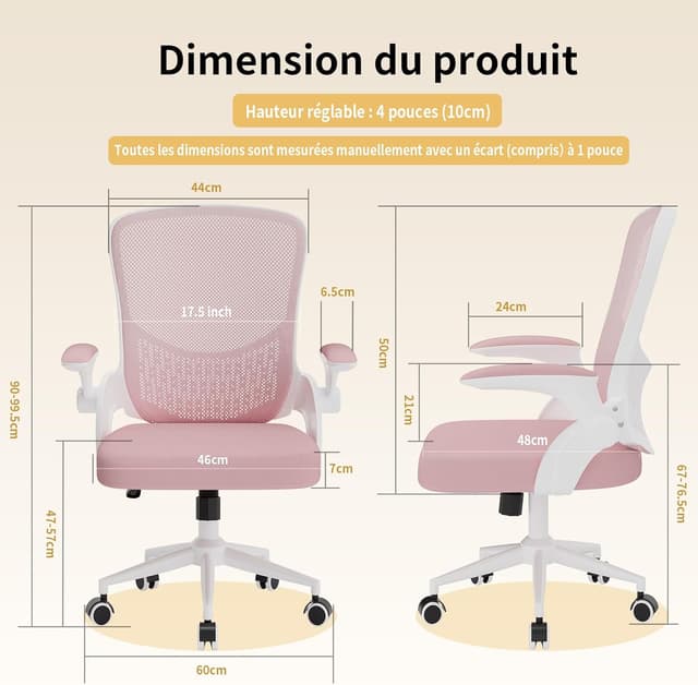 Detalle de naspaluro Chaise de bureau ergonomique avec accoudoirs rabattables, dossier avec rangement et pivot 360° (rose)