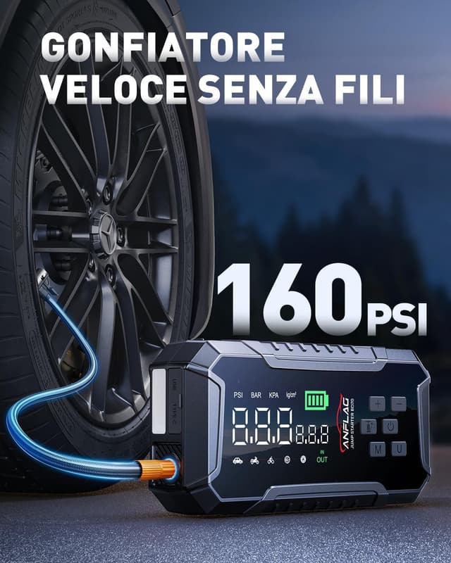 Detalle de ANFLAG Booster Avviamento Auto 8000A con Compressore 160 PSI, 26800 mAh e USB-C (600 lm)