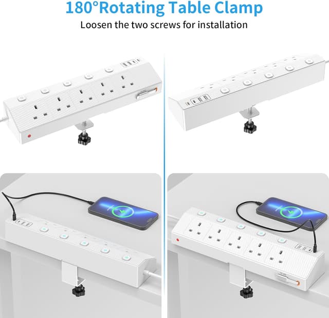 Detalle de STGAROT Desk Extension Lead 1.8M with PD 30W retractable USB-C cable, 5-way power strip and desk clamp
