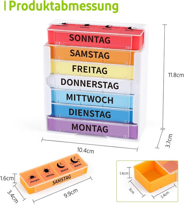 Detalle de Opret Tablettenbox für 7 Tage mit 4 Fächern (Morgens, Mittags, Abends, Nachts) – schiebbar & BPA-frei