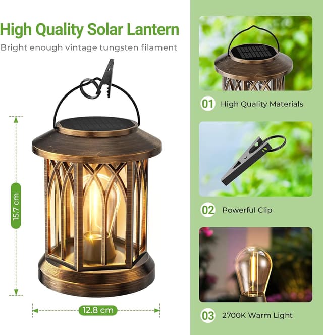 Detalle 2 de BUCASA Solar Lanterns Outdoor Garden Lights (2-pack) – Retro hexagon hanging solar ornaments in bronze