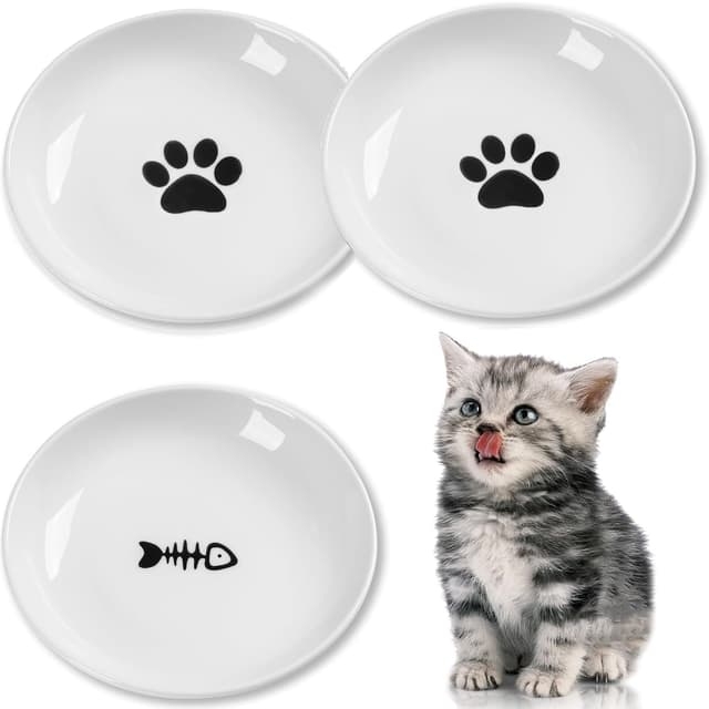 Detalle de Keramik Katzennapf 3er Set, weiß – flacher Futternapf mit rutschfestem Silikonring für Perser & Flachgesichter