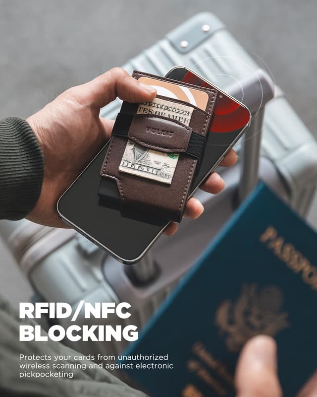 Detalle de VULKIT Pop Up Card Wallet with Money Strap Leather Front Pocket (RFID Blocking) – Espresso