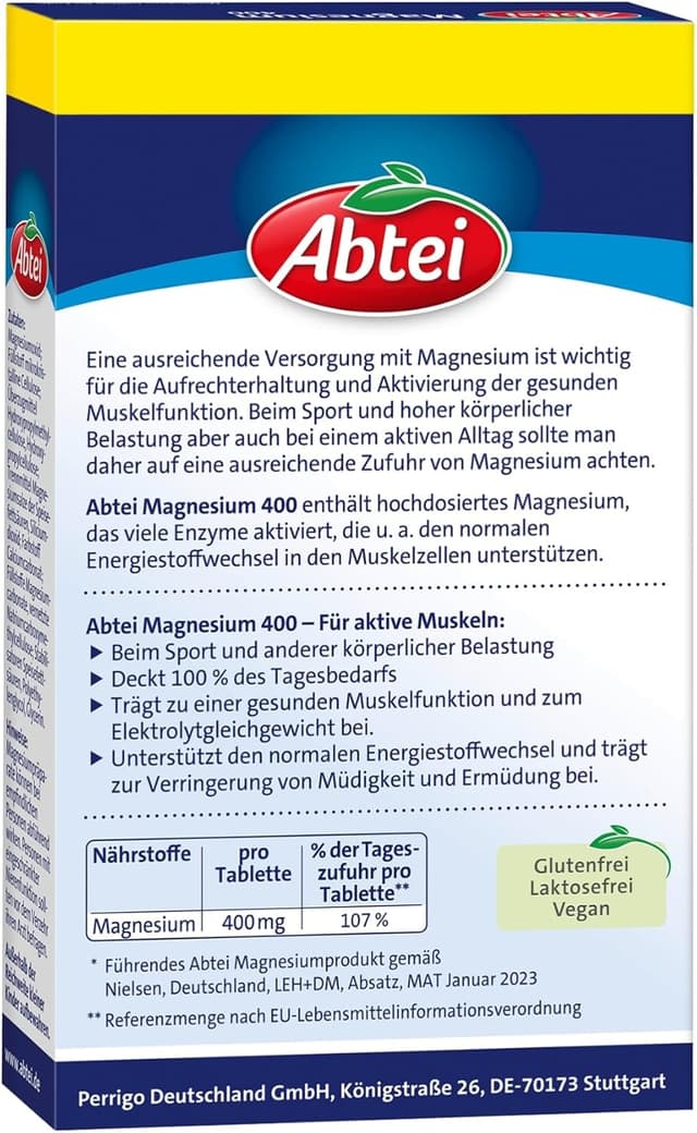 Detalle de Abtei Magnesium 400 – hochdosiertes Magnesium für aktive Muskeln (30 Tabletten)