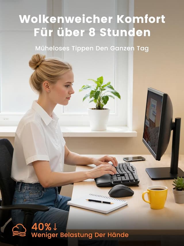 Detalle de SABLUTE Kabelloses Tastatur-und-Maus-Set (Wave-Tasten) mit leisen 30 dB, ergonomischer Handballenauflage und Dual-System-Schalter für Windows/Mac