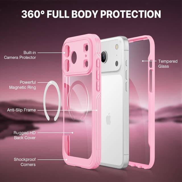 Detalle 2 de CENHUFO iPhone 17 Pro Max MagSafe case with built-in 9H glass screen protector – 360 shockproof full body, pink
