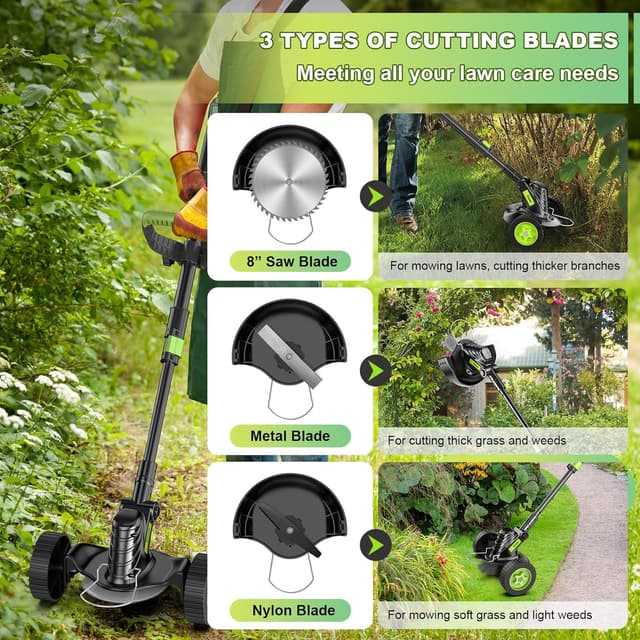 Detalle 2 de Gisam Akku-Rasentrimmer mit 8" bürstenlosem Motor, 3 Klingentypen und 2x 4.0Ah Batterie