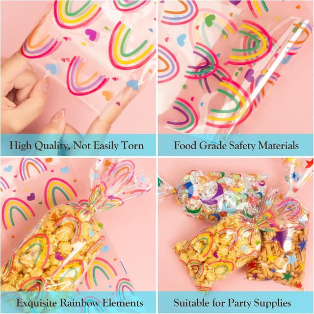 Thumbnail 3 de 100 Pcs Cellophane Treat Bags Rainbow Stars and Dots ⌛🎉