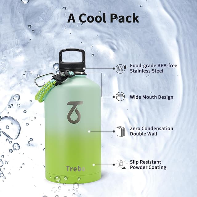 Detalle 2 de Trebo One Gallon Insulated Water Bottle (3.8 L) with Paracord Handle, 3 Leakproof Lids & Straw/Spout/Wide-Mouth Options, Dark Green