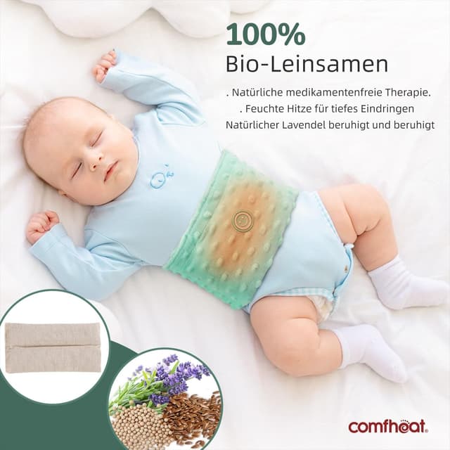 Detalle de comfheat Koliken- & Gas-Relief Bauchwickel mit Leinsamen – beheizbares Tummy Wrap für Neugeborene & Kleinkinder (0–3 Jahre, Grün)