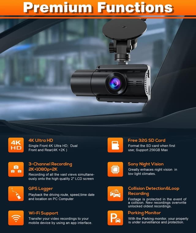 Detalle 2 de Moplasz 4K Dash Cam Front and Rear (Dual 4K+2K) with Wi‑Fi App, Night Vision and 32GB SD Card