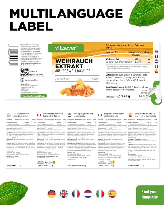 Detalle de vit4ever Weihrauch Extrakt – 240 vegane Kapseln mit 85% Boswelliasäuren