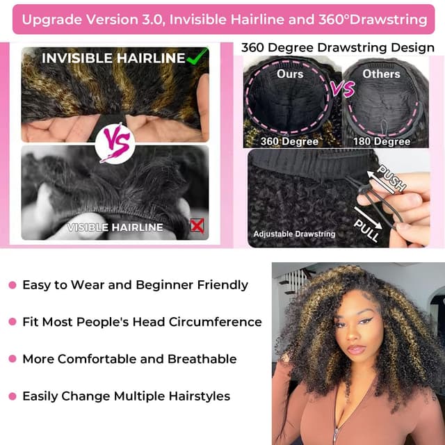 Detalle de Half Wig Human Hair 3 In 1 Kinky Curly Glueless Balayage Ombre Brown 250% Density (16 Inch) — Wear Go Drawstring Flip Headband Wig