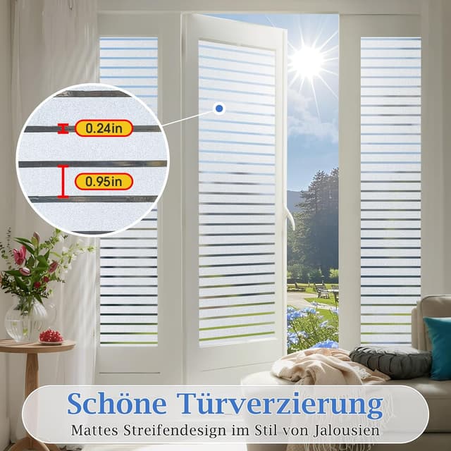 Detalle 2 de Lifetree Fensterfolie mit Streifen: Sichtschutzfolie Milchglasoptik selbstklebend? ohne Klebstoff, 90×200 cm