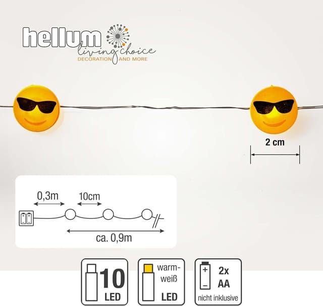 Detalle de hellum LED Kupfer-Lichterkette „Cool-Emoji“ (10 warmweiße LEDs, 90 cm, batteriebetrieben mit 2 AA)