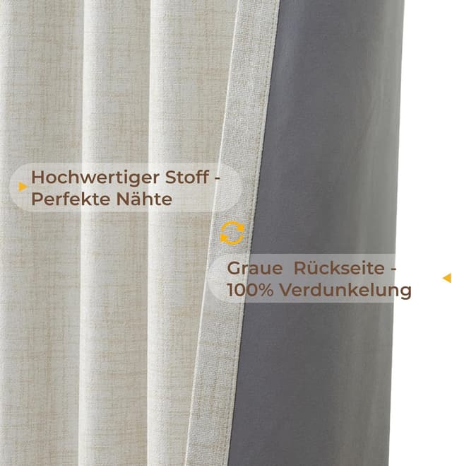 Detalle de INOVADAY 100% Verdunklungsvorhänge (2er-Set) 225 cm Länge, thermisch blickdicht – hellbeige, mit 100% Polyester