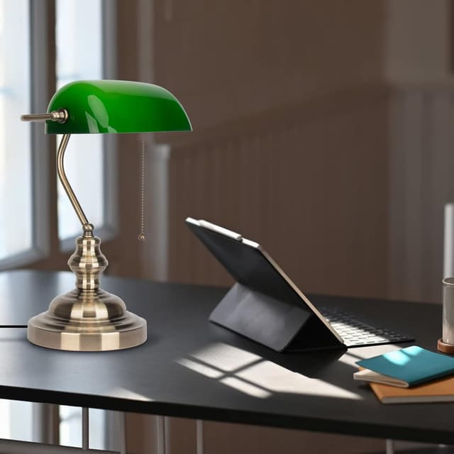 Detalle de Lampe de banquier verte JCPYIUL avec interrupteur à tirette en laiton vintage (E27) pour bureau et lecture