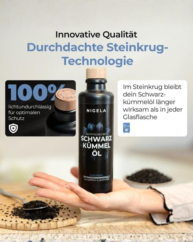 Detalle de Nigela BIO Schwarzkümmelöl ungefiltert – kaltgepresst in lichtgeschützter Keramikflasche, 3 x 200 ml