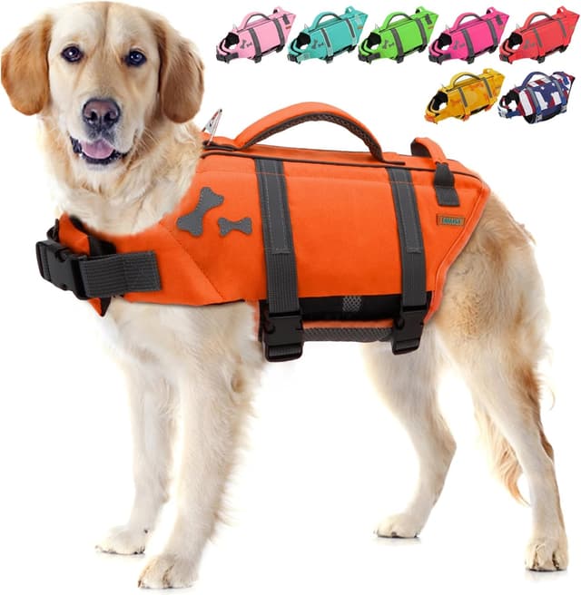 Detalle de EMUST Dog Life Jacket (2XL) – lightweight waterproof vest with rescue handle and reflective strips