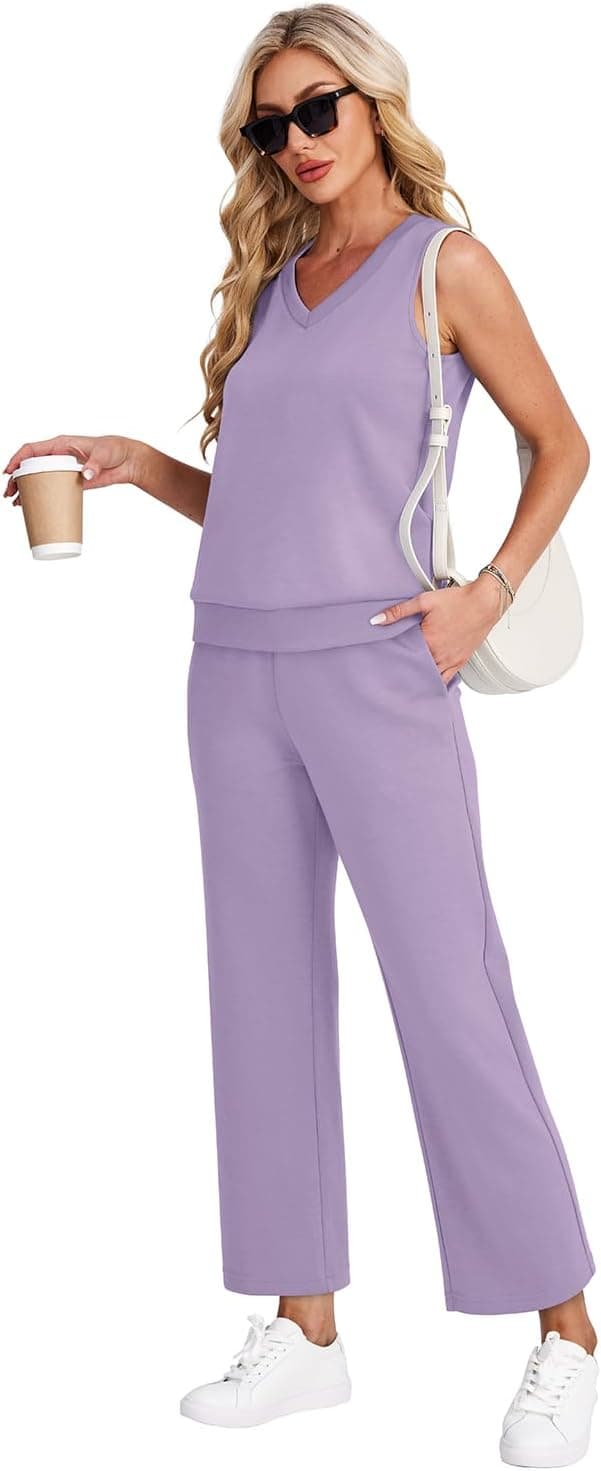 Detalle de WIHOLL Women’s Two-Piece V-Neck Lounge Set with Wide-Leg Cropped Pants