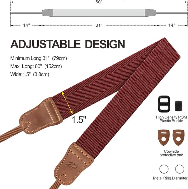 Detalle 2 de Padwa Lifestyle Burgundy Red Camera Strap – Double-layer Crazy Horse Cowhide Ends, 1.5" Wide Cotton Strap