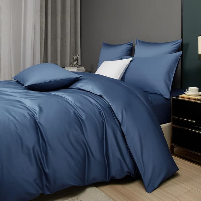 Detalle de Luofanfei Mako Satin Baumwolle Bettwäsche-Set 155x220 Blau kühlend, glatt (1 Bettbezug + 2 Kissenbezüge 80x80)