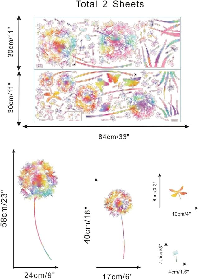 Thumbnail 6 de KAIRNE Größe Wandtattoo Pusteblume mit Blumen & Schmetterling – bunte Wandsticker für Kinderzimmer & Schlafzimmer