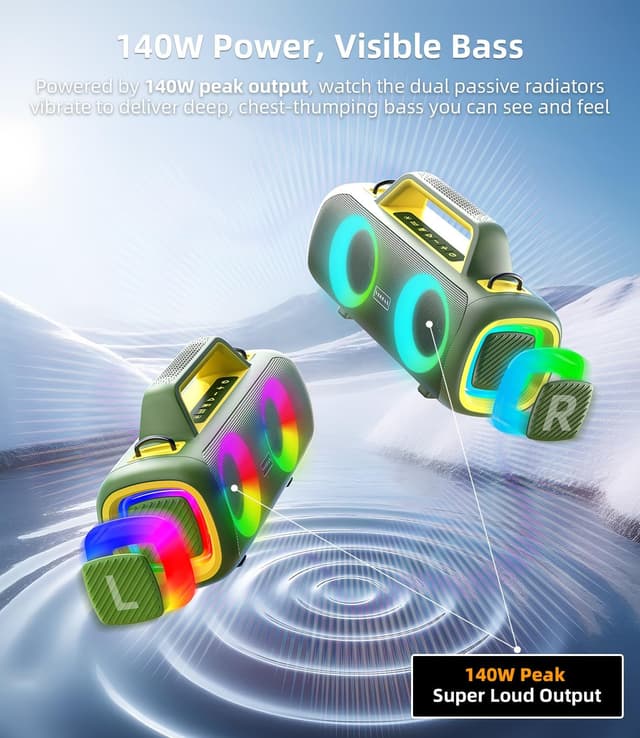Detalle de VUOPAX Cassa Bluetooth portatile da 140W IP65 con 2 subwoofer, 2 tweeter, batteria fino a 24 ore e luci RGB