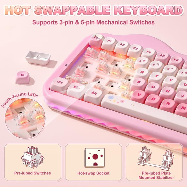Detalle de YUNZII C75 Wireless Mechanical Keyboard (75% Hot-Swappable, Creamy Sound, Pink)