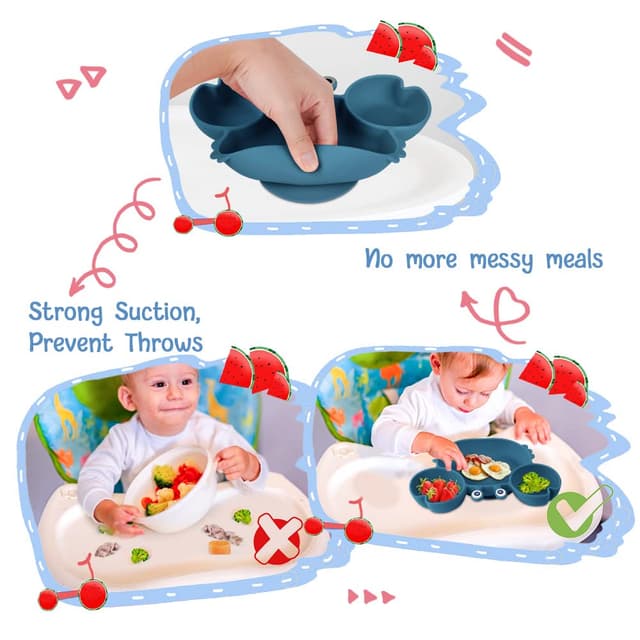 Detalle de Vicloon Baby Teller aus Silikon (mit Saugnäpfen, 3 Fächer), BPA-frei – rutschfestes Kindergeschirr