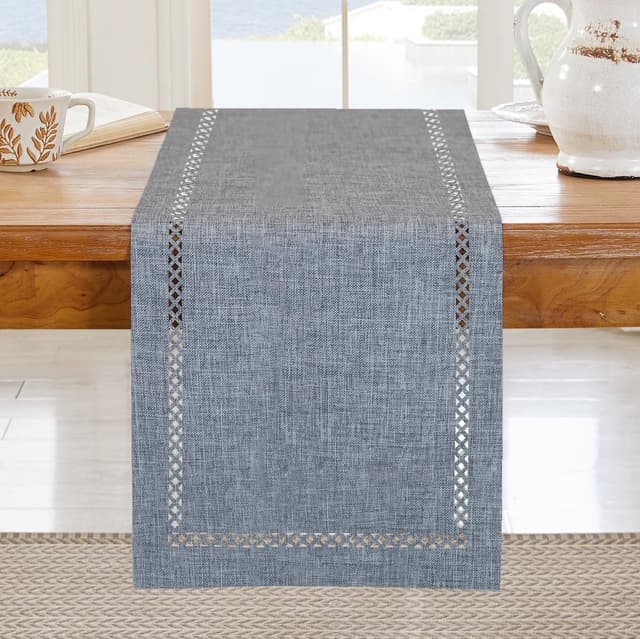 Detalle de BAZIOE modern grey linen table runner with openwork pattern