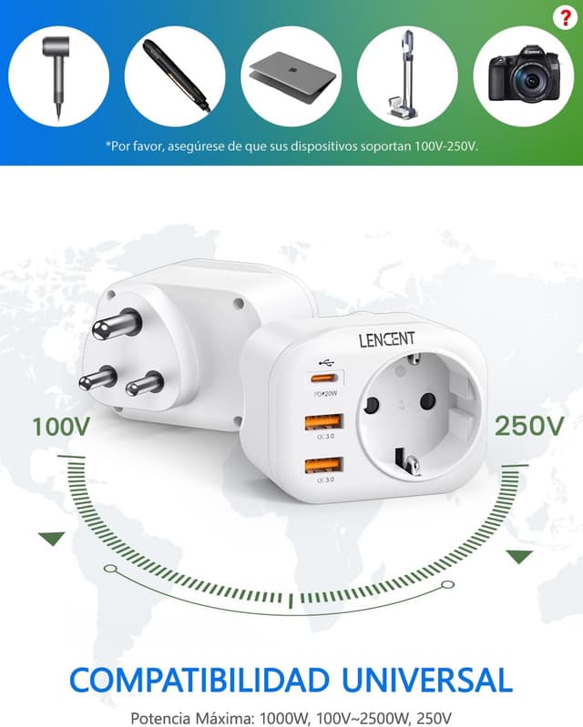 Thumbnail 4 de LENCENT Adaptador Enchufe India 3‑pin QC3.0 PD20W