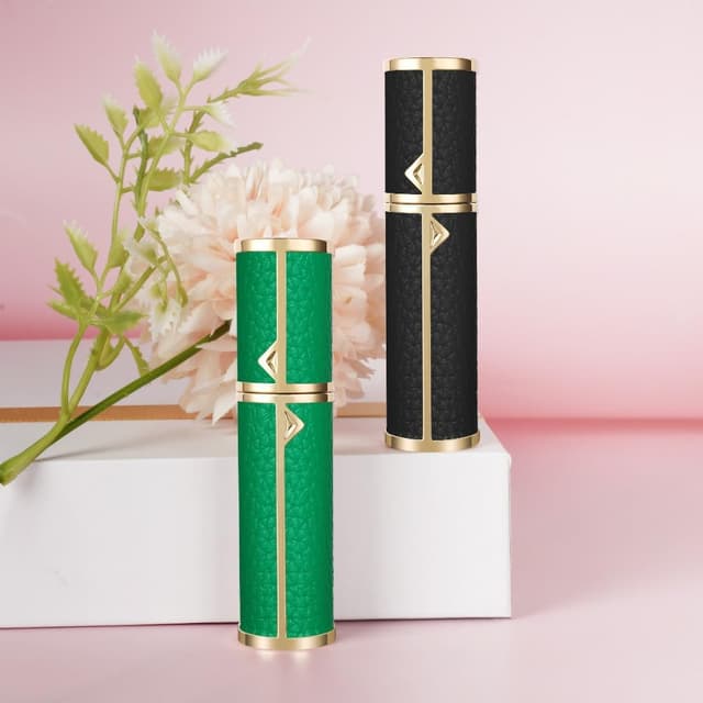 Detalle de LOPHE flacone spray profumo da viaggio 5 ml con ricarica e nebulizzatore in PU motivo litchi (verde)