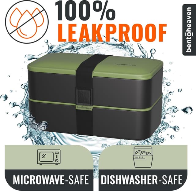 Detalle de Bentoheaven Premium Bento Box Adult Lunch Box (Microwavable, 2 Compartments, Dip Container) with Utensils & Chopsticks