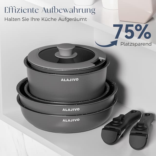 Detalle de Alajivo Topfset mit abnehmbarer Griff, 17-teiliges Pfannenset (Antihaft) für Induktion, grau