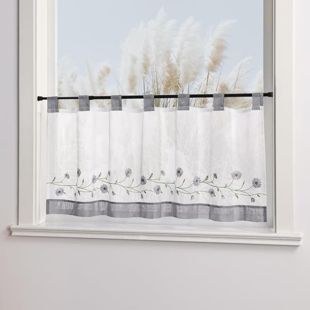 Detalle de Rideau brise-bise brodé Yujiao Mao, petites marguerites grises, semi-transparent (60x120 cm)