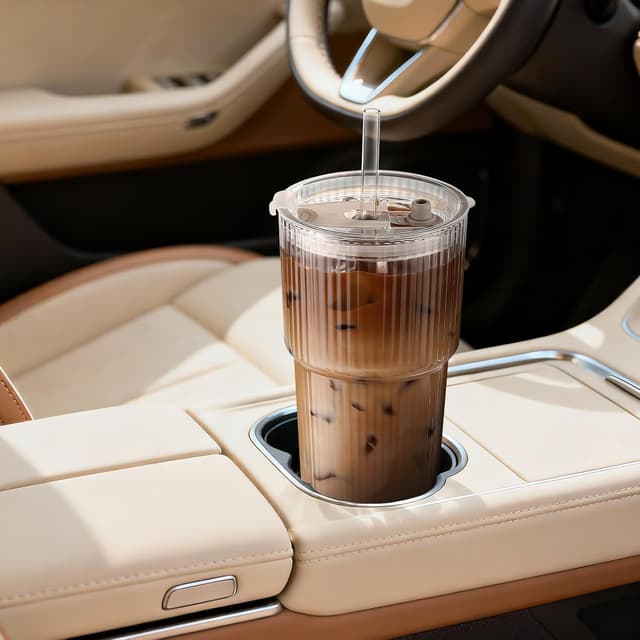 Detalle 2 de Ribbed Glass Iced Coffee Cups with Lids, Straw & Leak-Proof Design (Set of 4) – 20oz Tumblers