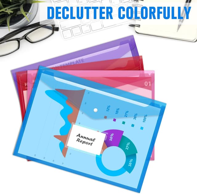 Detalle de Mutsitaz 24er Set A4-Dokumententaschen mit Druckknopf – bunte Kunststoffhüllen, 8 Farben