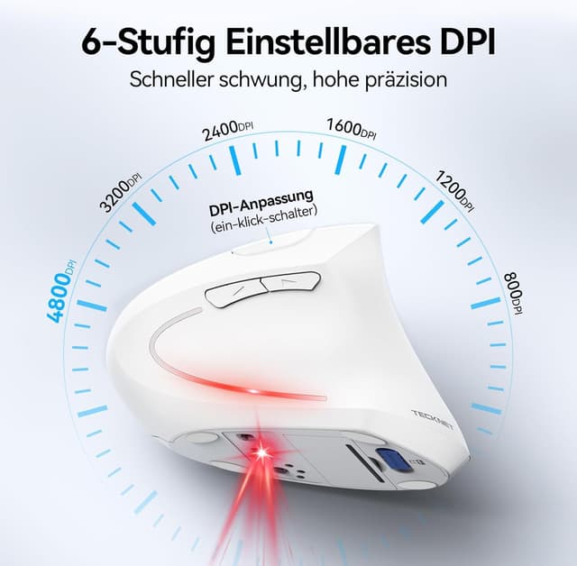 Detalle de TECKNET ergonomische vertikale Bluetooth-Maus mit 3 Geräten (BT+BT+USB) und 6 DPI-Stufen