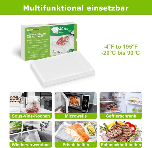 Detalle de Bonsenkitchen Profi Vakuumbeutel VB32 – 40 Vakuumierbeutel 20×30 cm, BPA-frei, zum Kochen & Sous-Vide
