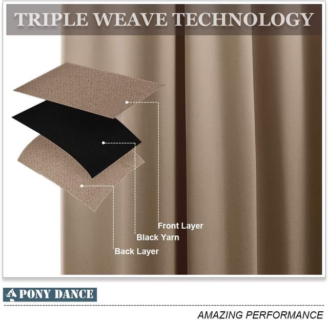 Detalle de PONY DANCE Blackout Thermal Pencil Pleat Curtains (Cappuccino) – Heavy Duty Triple Weave, 1 Pair (52" x 63")