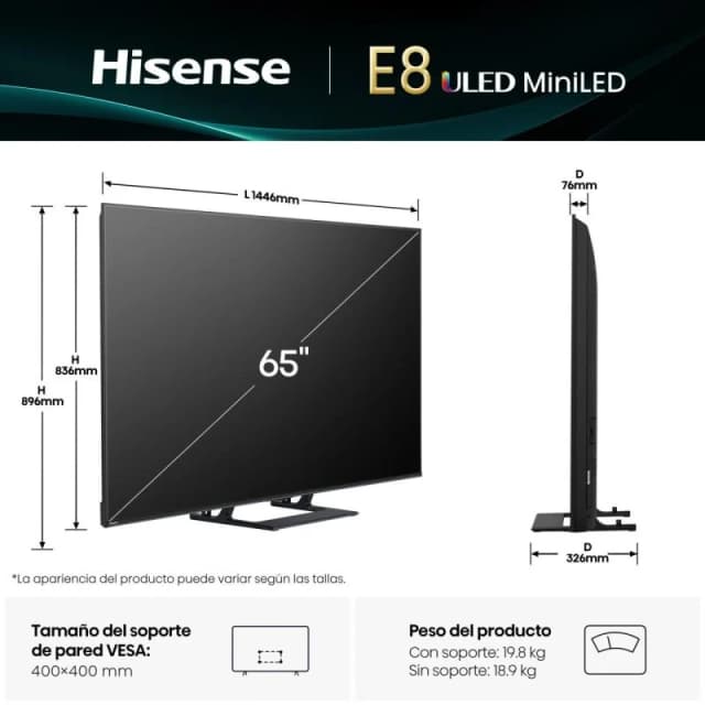 Detalle 2 de Hisense 65E8Q televisor Mini LED 65" 4K 144 Hz