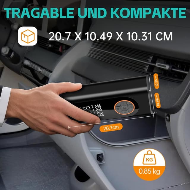 Detalle de Wirelume kabellose elektrische Luftpumpe 150 PSI (6000 mAh) für Fahrrad & Auto – mit LED-Licht und Auto-Stopp