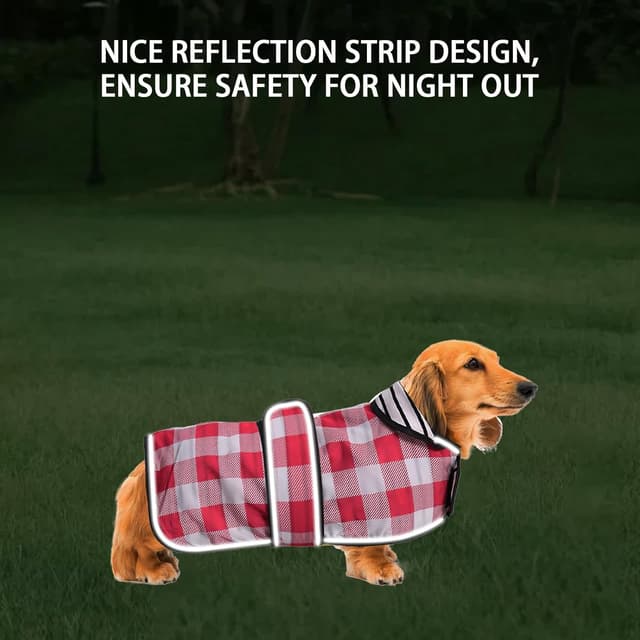 Detalle 2 de Lightweight Dachshund raincoat with reflective straps and harness hole (Pink Grid, L)