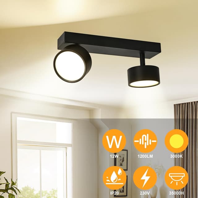 Detalle de Doughelec LED Deckenleuchte (2-flammig) mit schwenkbaren Spots, schwarz, 12 W, warmweiß 3000 K