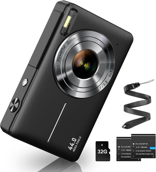 Detalle de Digitalkamera 1080P 44MP (FHD) mit 32G-Karte, 16× Digitalzoom und LED-Licht – kompakte Einsteigerkamera für Kinder, Teenager & Senioren (Schwarz)