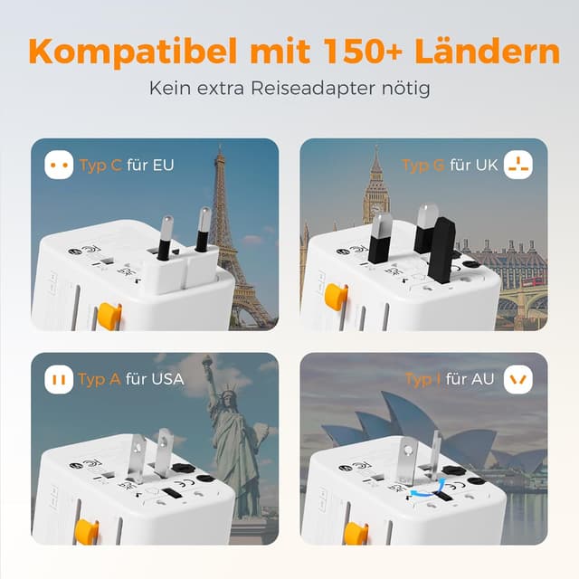 Detalle de Reiseadapter Weltweit mit USB-C 4 Ports